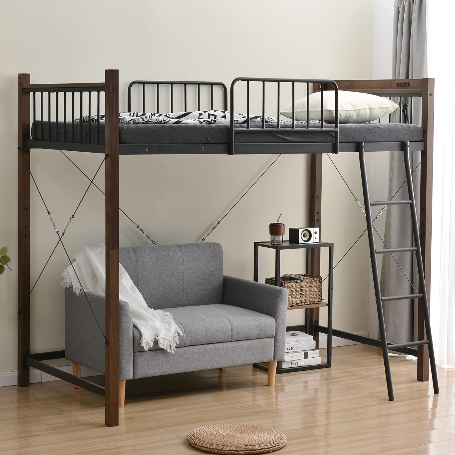 コンセント付きロフトベッド【高さ140】送料無料 スチール 耐震 BLACK コンセント付きロフトベッド【高さ140】送料無料 スチール 耐震 BLACK